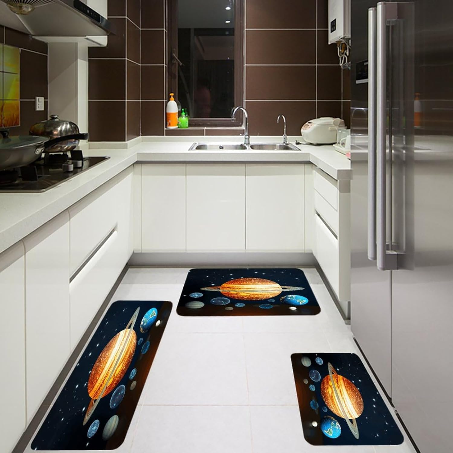 Glow in The Dark Solar System Kitchen Rugs Sets of 3 Washable Non Slip Kitchen Rug Water Resistant Carpet Piece Anti Fatigue Kitchen Mats Soft Comfort Standing Mat Modern Area Rug