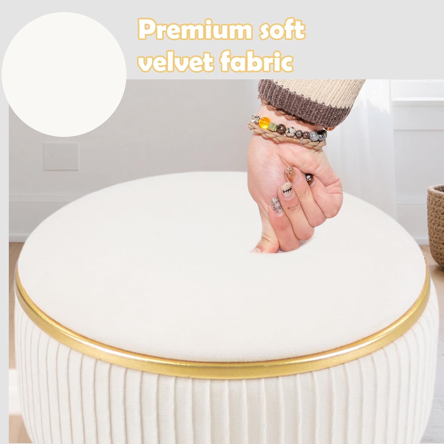 Adjustable Vanity Stool with Storage, 360° Swivel Makeup Stool Chair Small Velvet Round Ottoman with Gold Base for Bedroom (Beige)