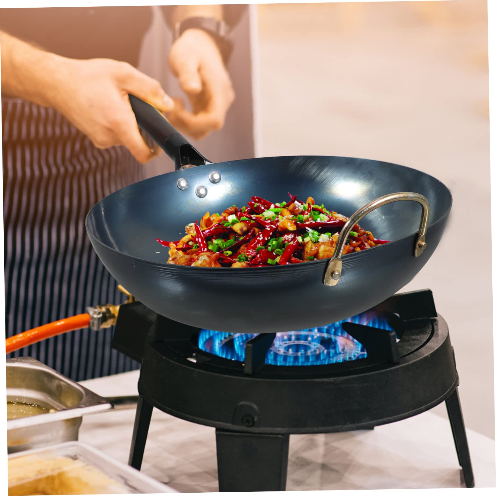 Ciieeo Sartén Wok Chino de Hierro Fondo Plano y Mango de Madera, Superficie Lisa Multifuncional Adecuado para Barbacoa y Cocina Tradicional