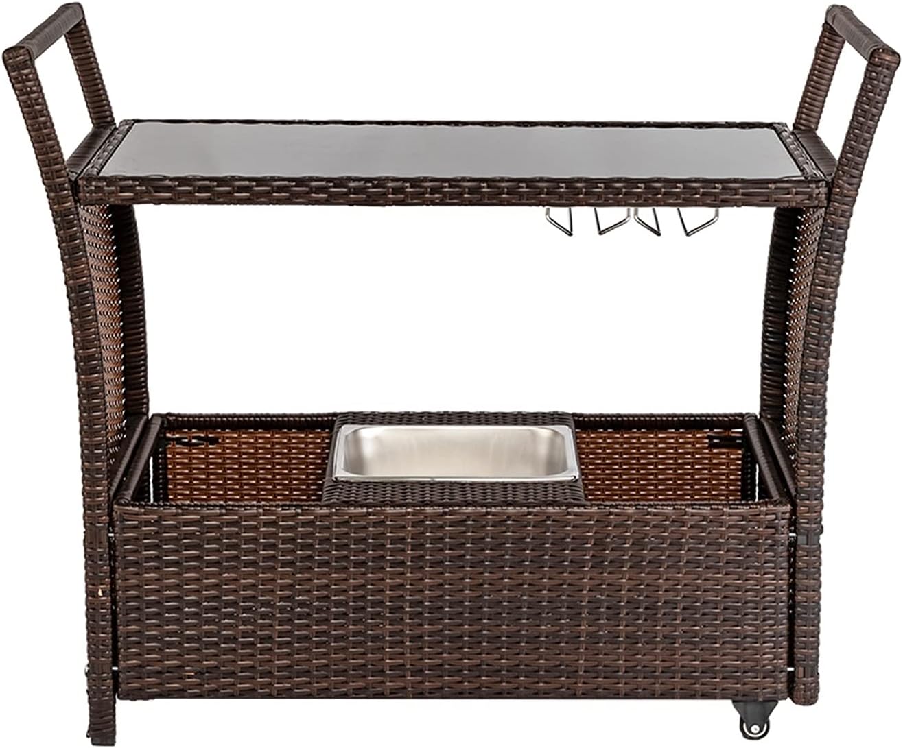 Outdoor Patio Furniture Set Wicker Rattan Serving Bar Cart with Ice Bucket Wine Rack Brown