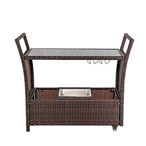 Outdoor Patio Furniture Set Wicker Rattan Serving Bar Cart with