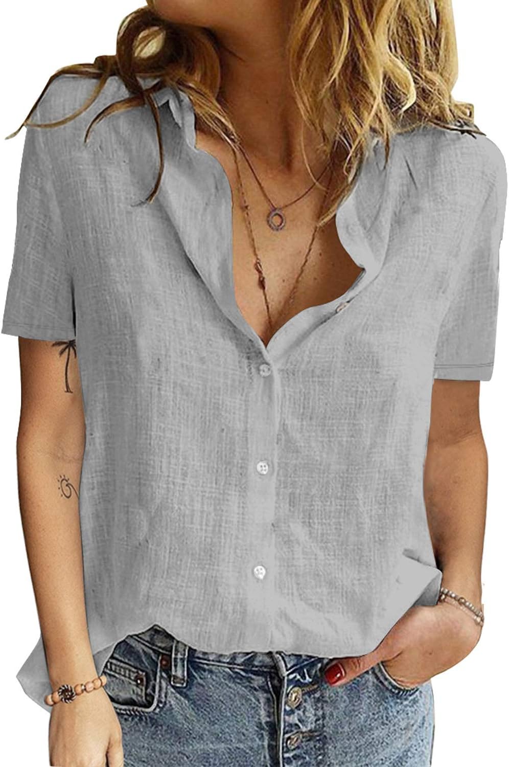 SMENG Womens Summer Clothes Cute Short Sleeve Shirts for Women Pure Color Button Cardigan Breathable Thin Shirt Ladies Tops Gray L