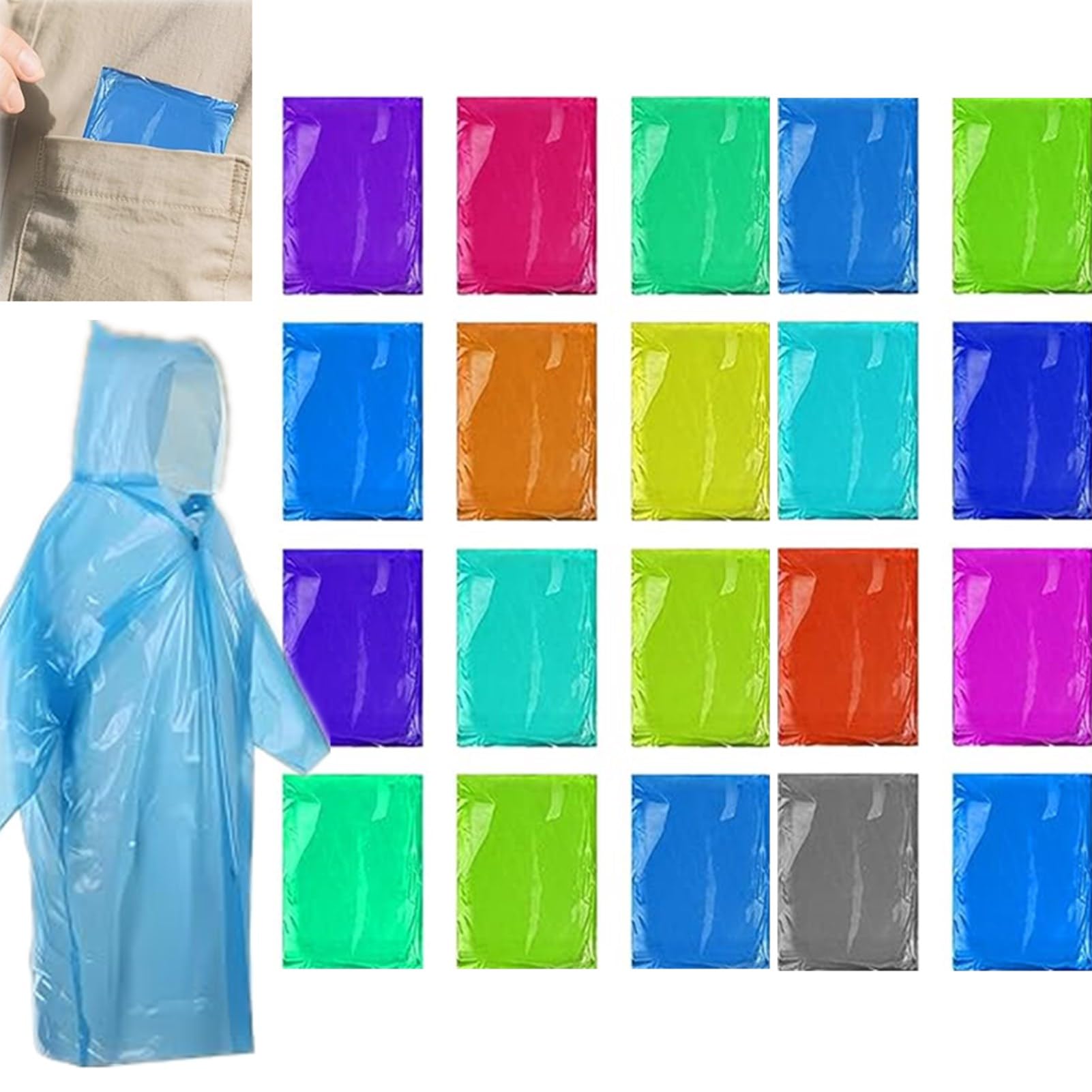 20 Pack Disposable Rain Poncho With Hood, Travel Clear Poncho, Pocket Raincoats Bulk For Adult,Kids(Random Color)