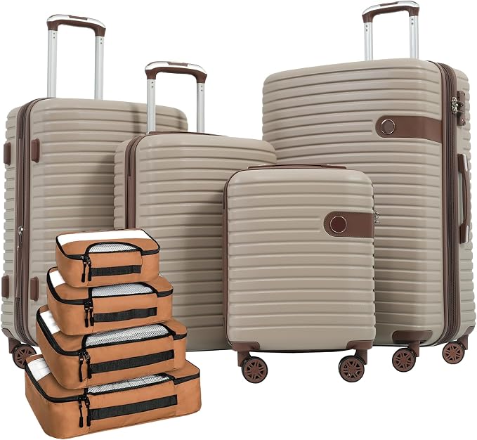 Merax 4 Piece Luggage Set, ABS Hard Shell Lightweight Expandable Travel Luggage with 4 Packing Cubes, TSA Lock and Spinner Wheels for Men Women, 16”20”24”28”, Khaki
