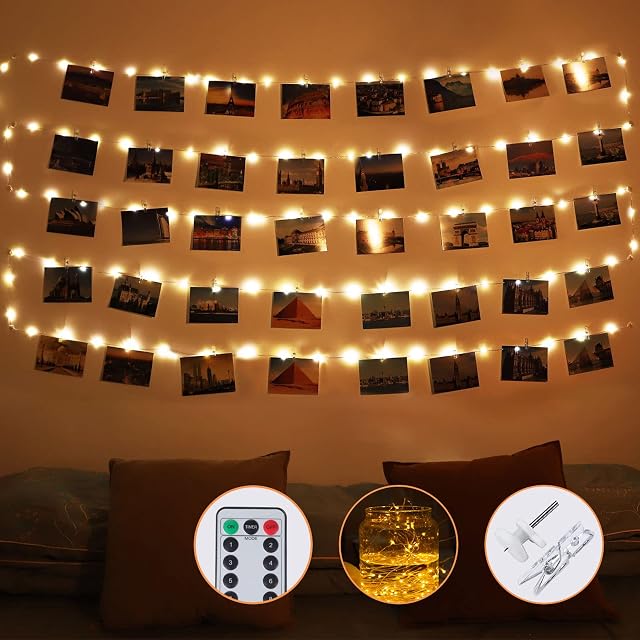 Diyife 120 LED Photo Clip String Lights, [Remote Control] 12m Photo Peg Fairy Lights with 60 Clips&20 Nails, Battery Powered Cooper Wire Hanging String Photo Lights for Bedroom Christmas Birthday
