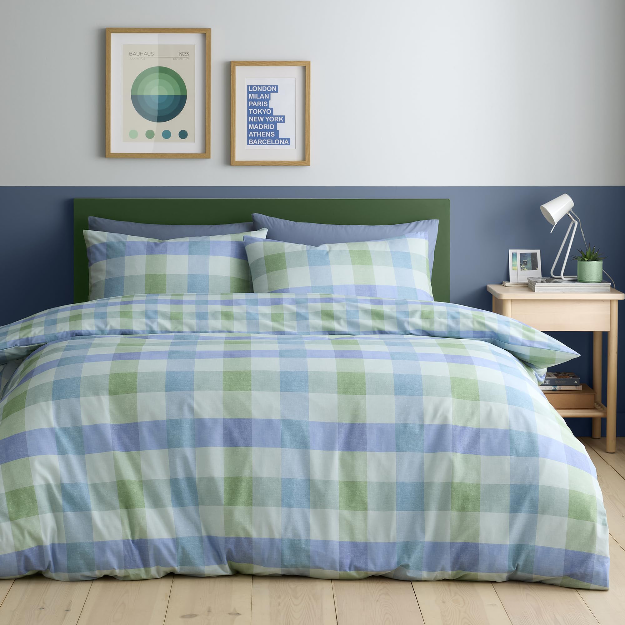 Fusion Block Check Blue Duvet Cover Set Single 140 x 200cm – Easy Care Check Bedding with Modern Blue Block Design, Includes 1 Pillowcase
