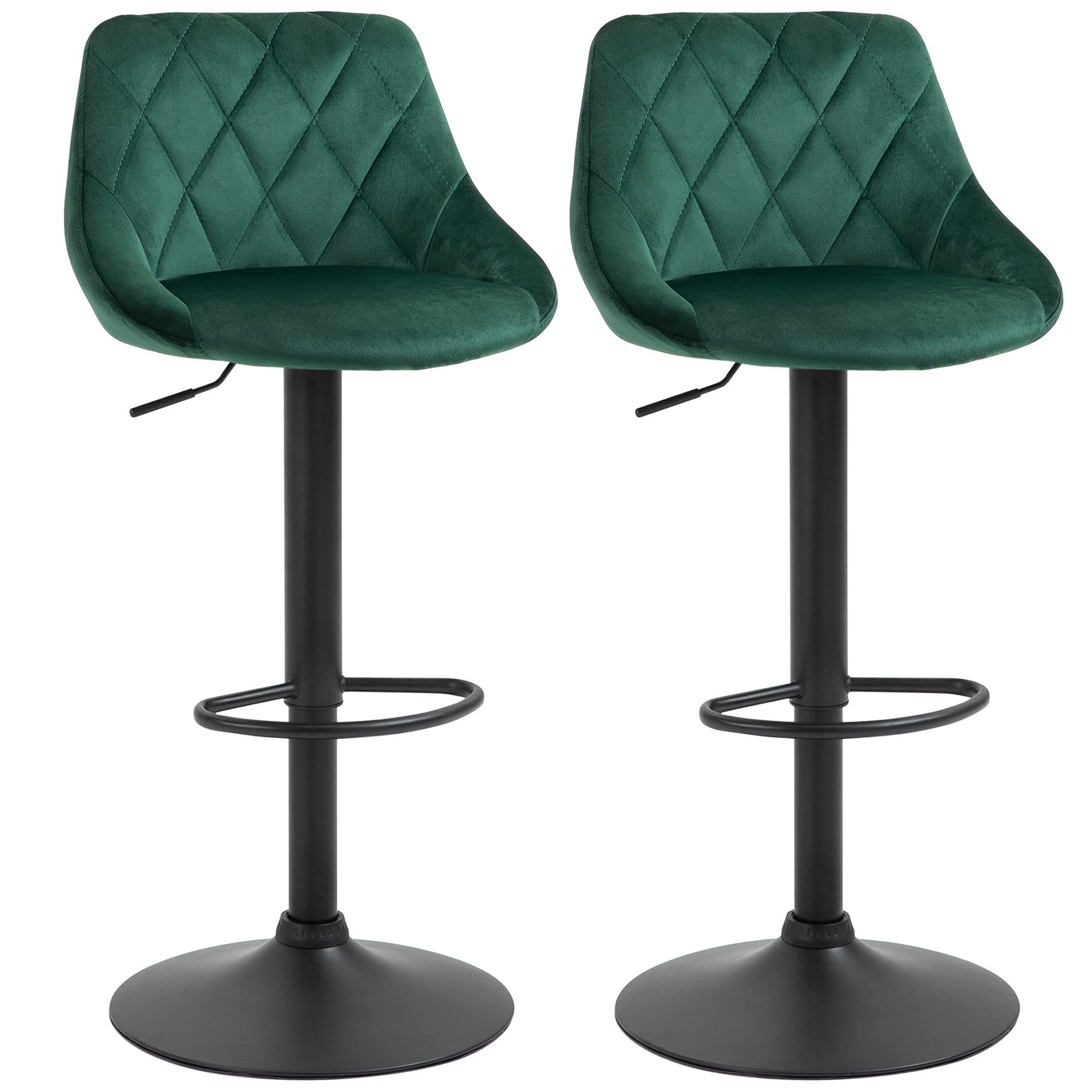 HOMCOM Juego de 2 taburetes de bar con altura ajustable, base de metal y asiento de piel sintética, taburetes altos modernos giratorios con respaldo y reposapiés, 46 x 48 x 83-104 cm, verde