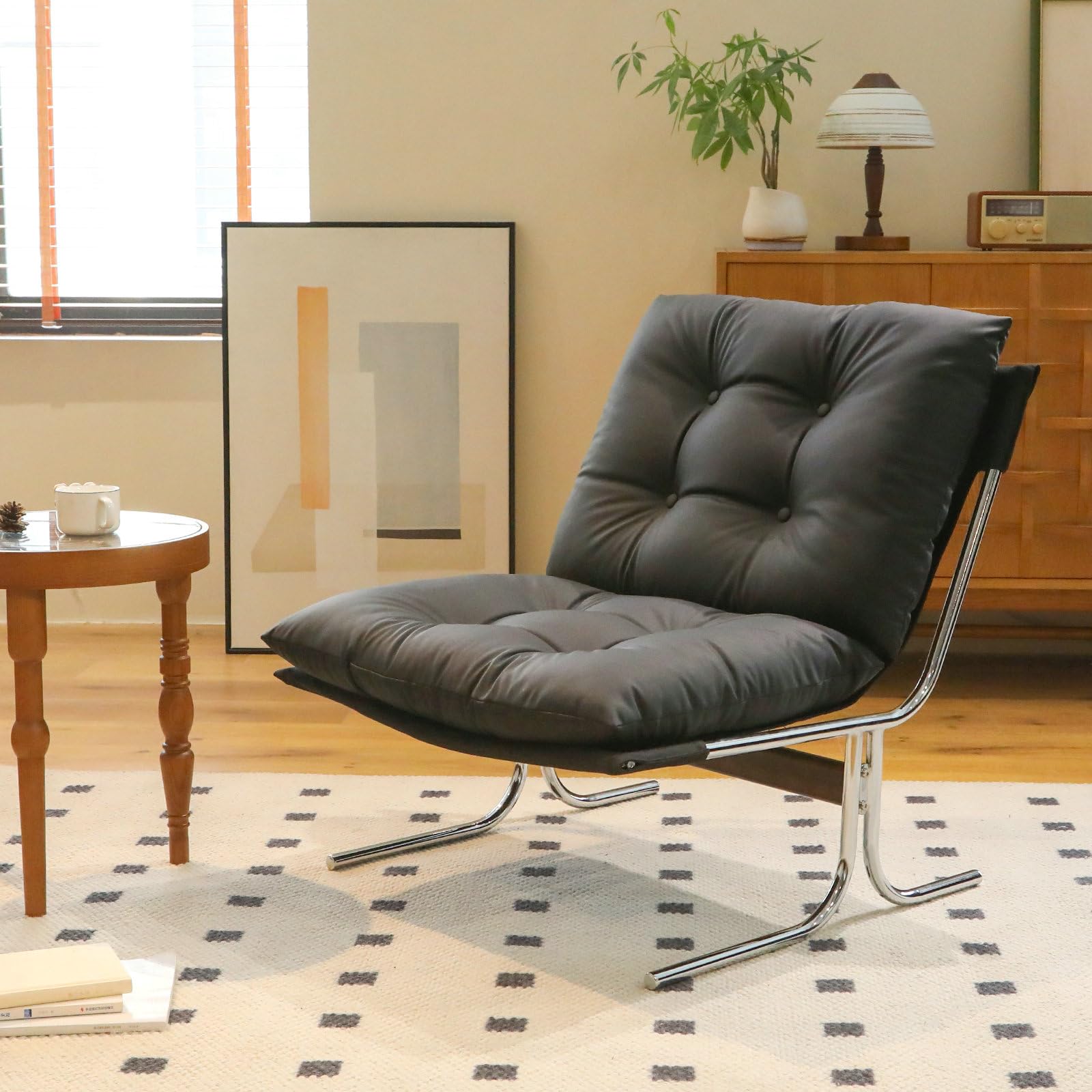Bladez Poltrona lounge in ecopelle, stile Barcelona, con gambe in metallo, poltrona da lettura imbottita con rivestimento rimovibile, moderna poltrona relax per soggiorno, camera da letto e balcone