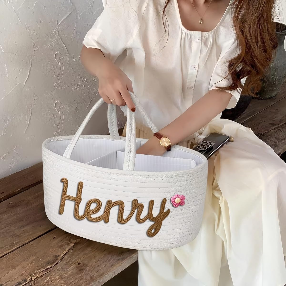 Cesto Regalo Personalizzato Per Baby Shower Con Nome, Cestino Portaoggetti Per La Cameretta In Corda Di Cotone Per Organizzare Pannolini, Salviette E Articoli Essenziali Per Neonati(Beige)