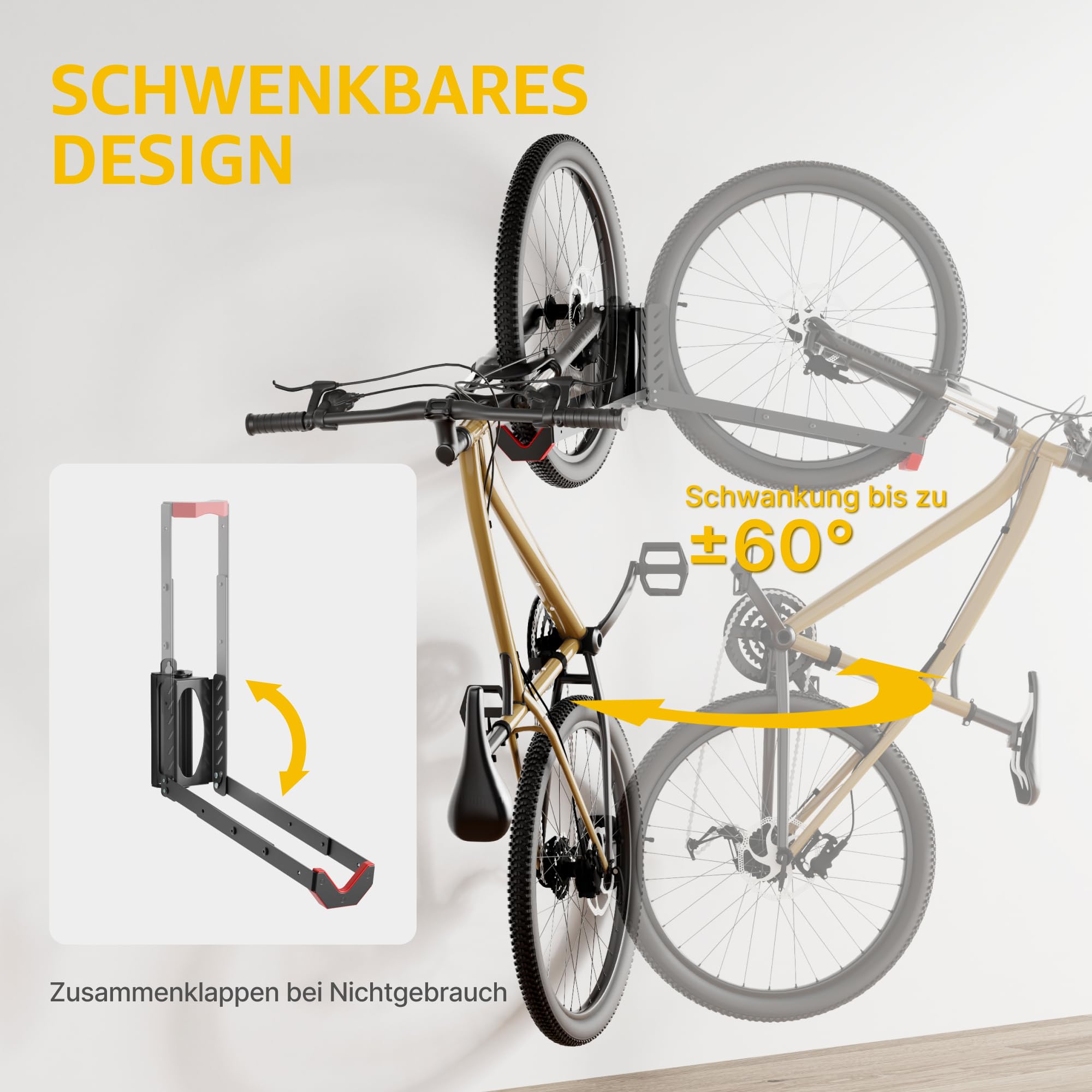 monTEK Schwenkbare Fahrrad Wandhalterung, Fahrradhalterung Wand ohne schweres Heben, platzsparender Fahrradständer für die Garage, einfaches Einhängen und Aushängen, kann bis zu 35 kg halten