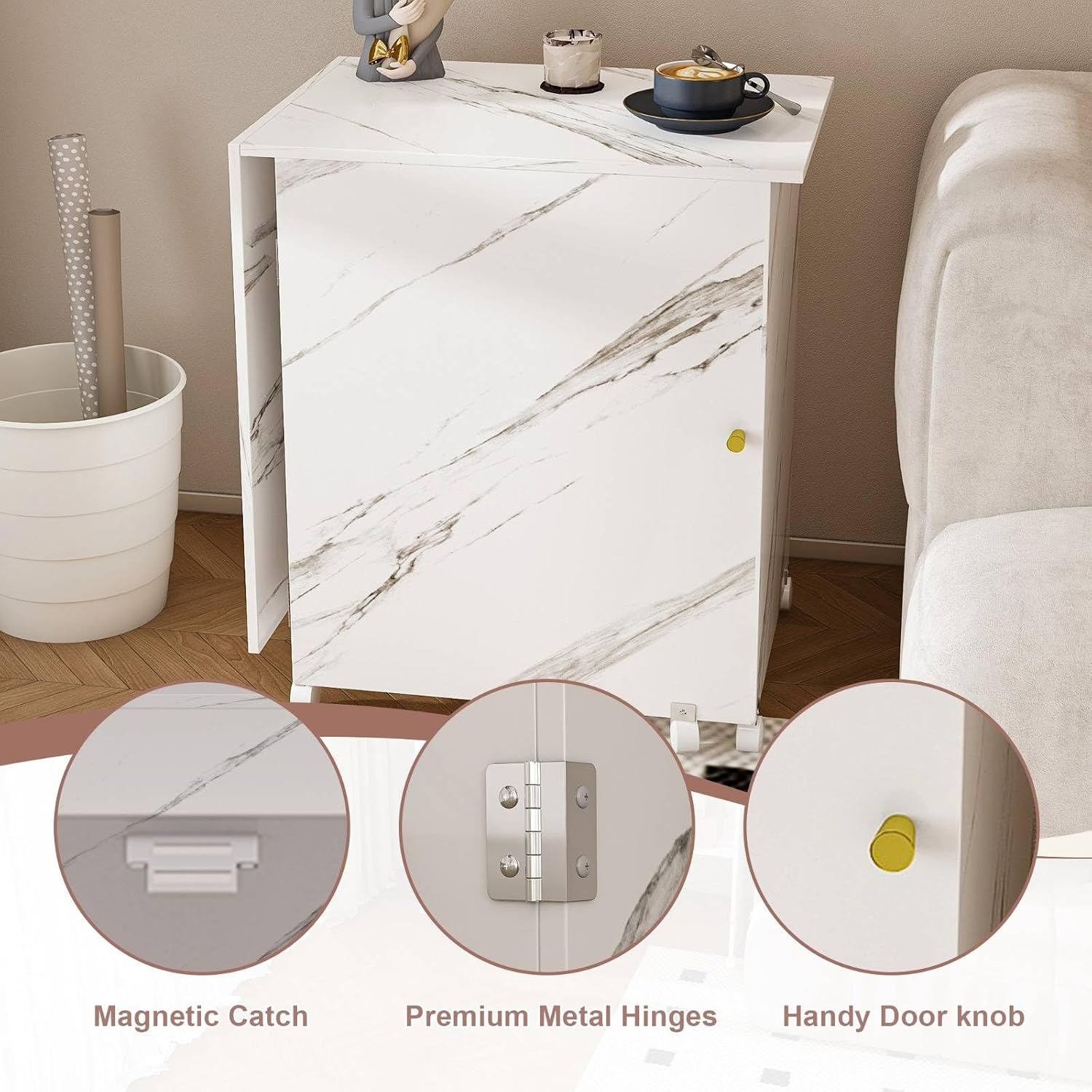 Folding Sewing Table with Storage Shelves, Marble Pattern Craft Desk with Lockable Wheels, 4-in-1 Collapsible Sewing Cabinet for Home Office, Craft Room & Kitchen