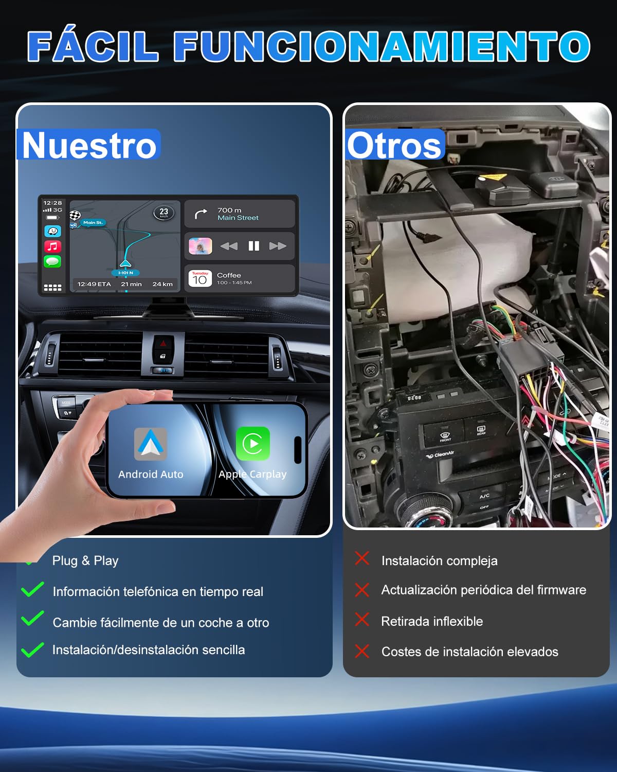 Pantalla Coche, 10.26" Pantalla Carplay Coche para Apple y Android con Cámara Trasera y Delantera HD 1080P, Navegación GPS, Sonido Premium, Control por Voz, Encendedor de Coche de Doble Puerto, AUX