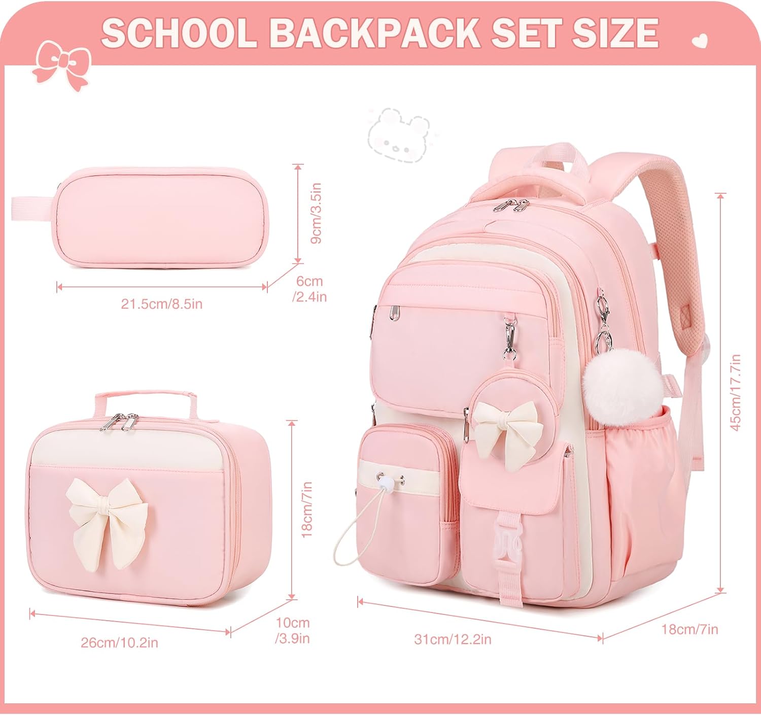 4pcs Girls Backpack School Lunch Box