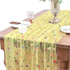 ARGOPOFG Flowers Daisy Table Runner - Yellow Buffalo Plaid Spring Summer Decor, 13x72 Inch