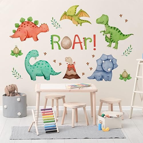 Miniatura 4 de Mfault Calcomanías de pared con diseño de rugido de dinosaurio en acuarela, autoadhesivas, volcán, estegosaurio, decoración de habitación de bebés,