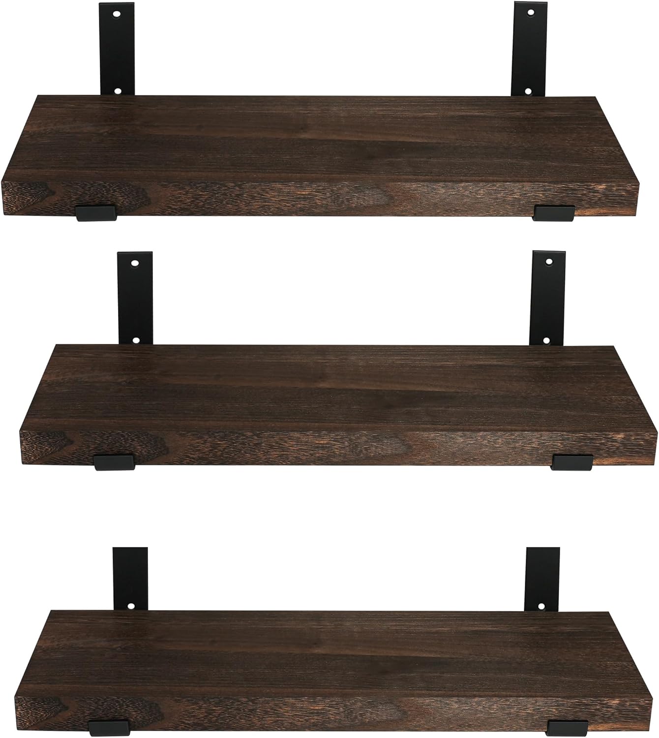 CONSDAN 16 inch Floating Shelves, Solid Paulownia Wood, Burnt Wood Light Weight, Wall Shelves for Bedroom, Bathroom, Living Room, Kitchen, 16x7.5x1.5 in, Set of 3
