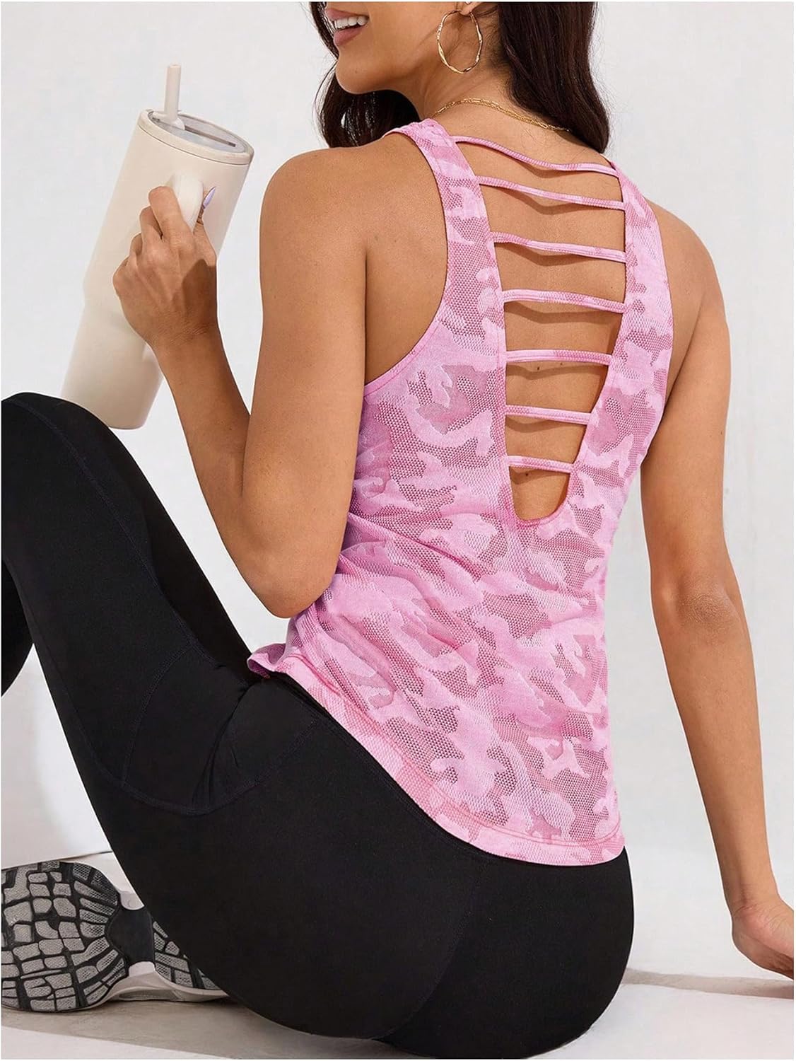 OYOANGLE Women's Mesh Workout Tank Top Camo Print Backless Sports Athletic Gym Sleeveless Tops - Image 3