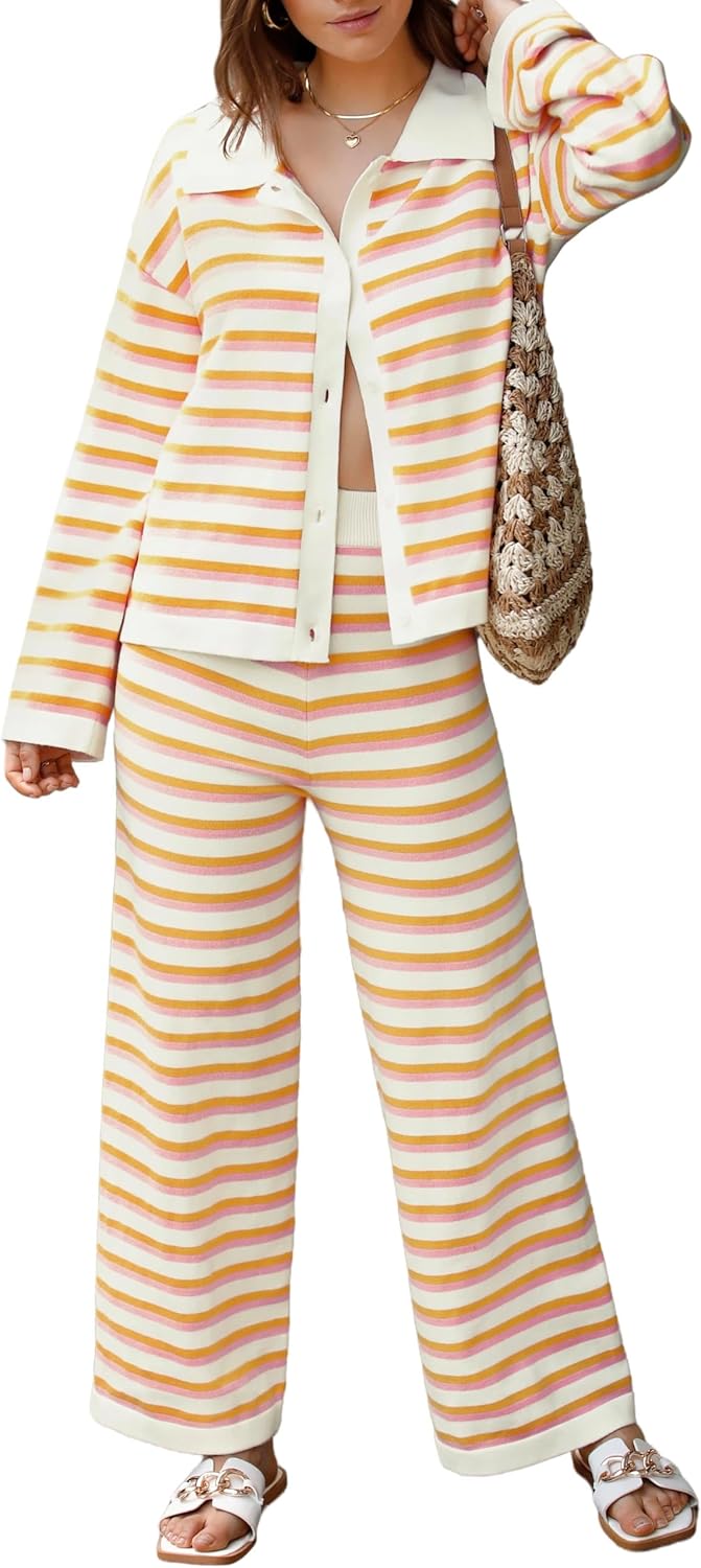 Two Piece Sweater Sets for Women Winter Warm Striped Collared Sweaters and Pants Color Block Button Down Tops S-2XL