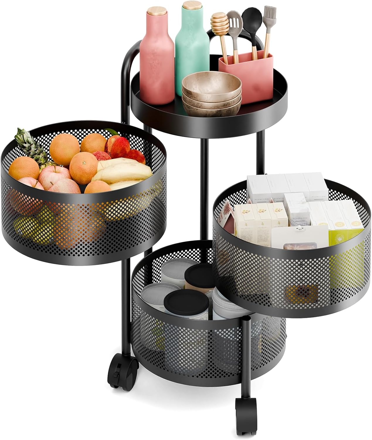 Talent Star Kitchen Storage Cart,Multi-Tier Circular Rotating Basket,Large Storage Rack with 360 Degree Wheels Fruit Vegetable Metal Wire Shelf with Top Lid for Kitchen Living Room and Office Black F