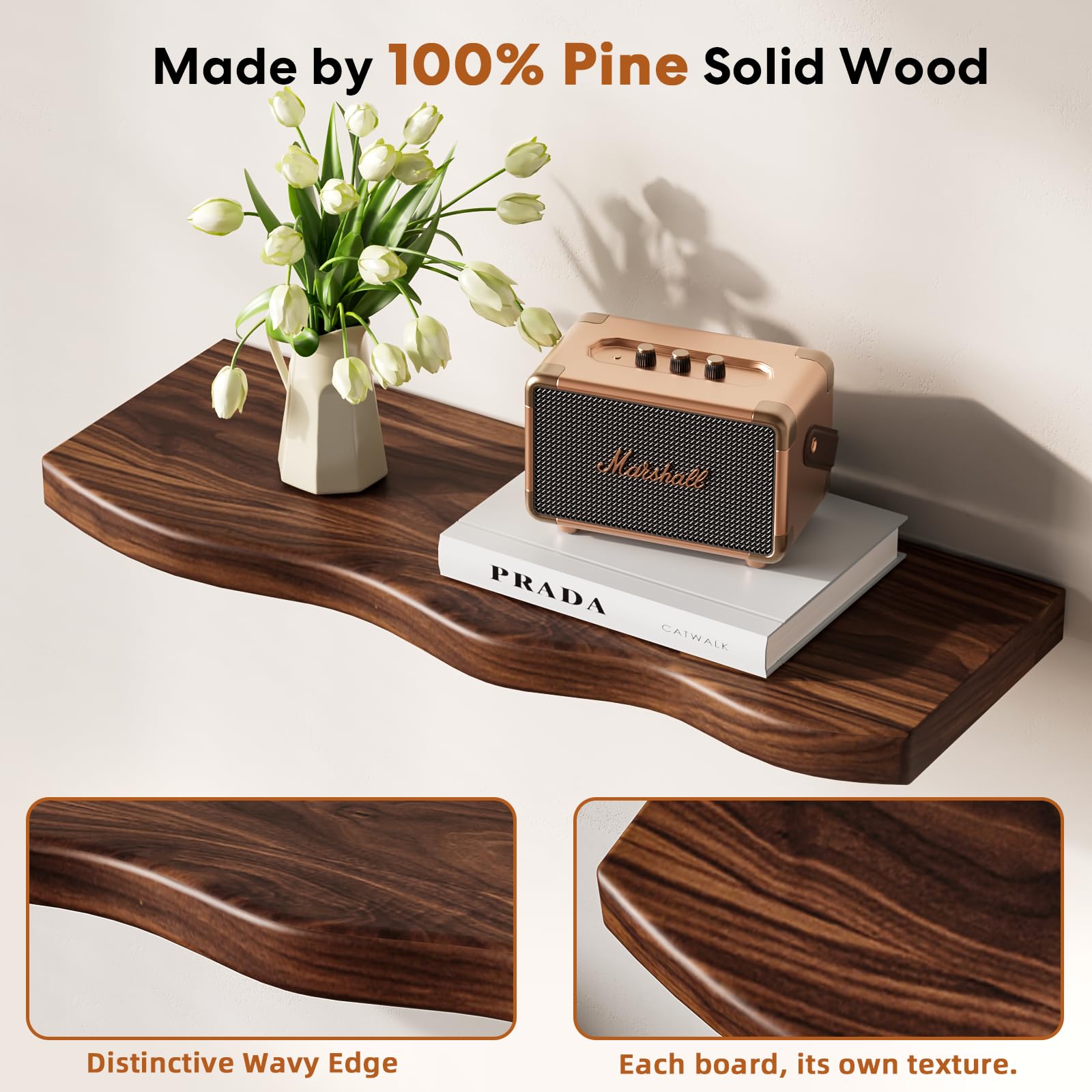Mensole galleggianti da parete, 61 cm, rustiche, in legno, librerie sospese, mensole sospese con venature naturali uniche per soggiorno, camera da letto, cucina, set di 2 (colore noce)