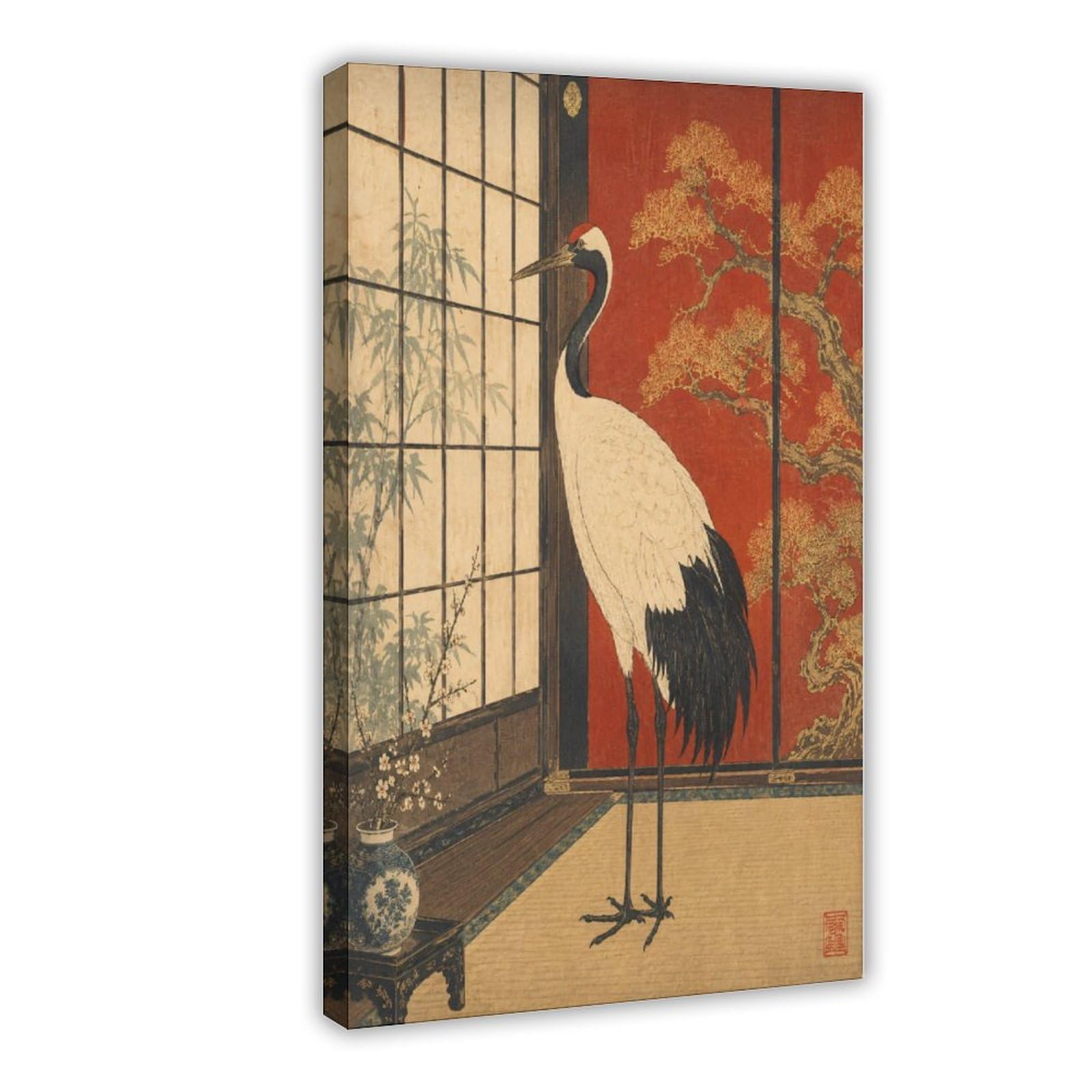 W7c8u2x3 Frame-Style-23 Crane In Red Room Canvas Wall Art, Elegant Bird Reading Corner