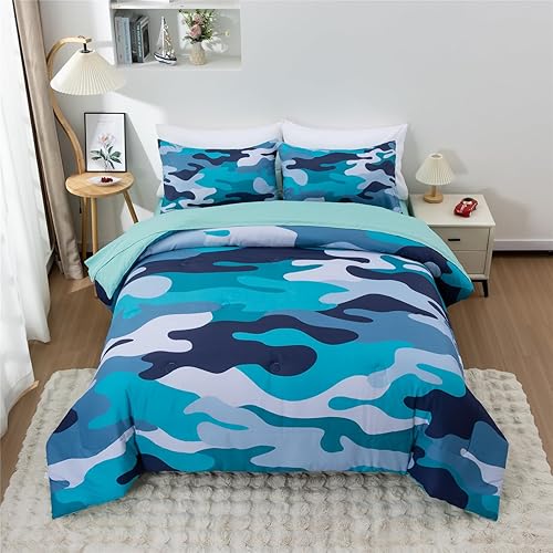 Meeting Story Juego de ropa de cama de camuflaje, juego de edredón de camuflaje tamaño Queen con patrón colorido, 3 piezas, 1 edredón y 2 fundas de