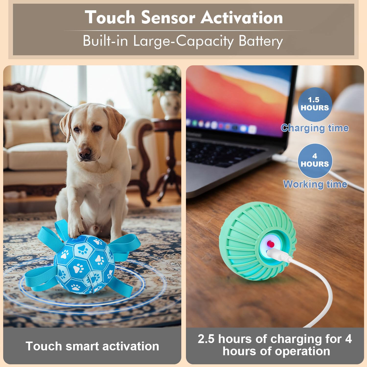 Qraxond Interactive Dog Toys Dog Soccer Ball to Keep Them Busy,Durable Automatic Moving Jumping Dog Balls with Straps for Small/Medium/Large Dogs, USB Rechargeable,Not for Aggressive Chewers (Blue) - 4