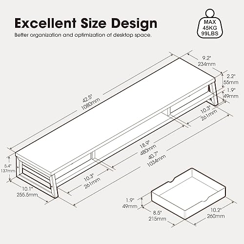 Miniatura 5 de Fenge Soporte de monitor doble, elevador de monitor con cajón, soporte de monitor de computadora grande de 42.5 pulgadas para 2 monitores, estante
