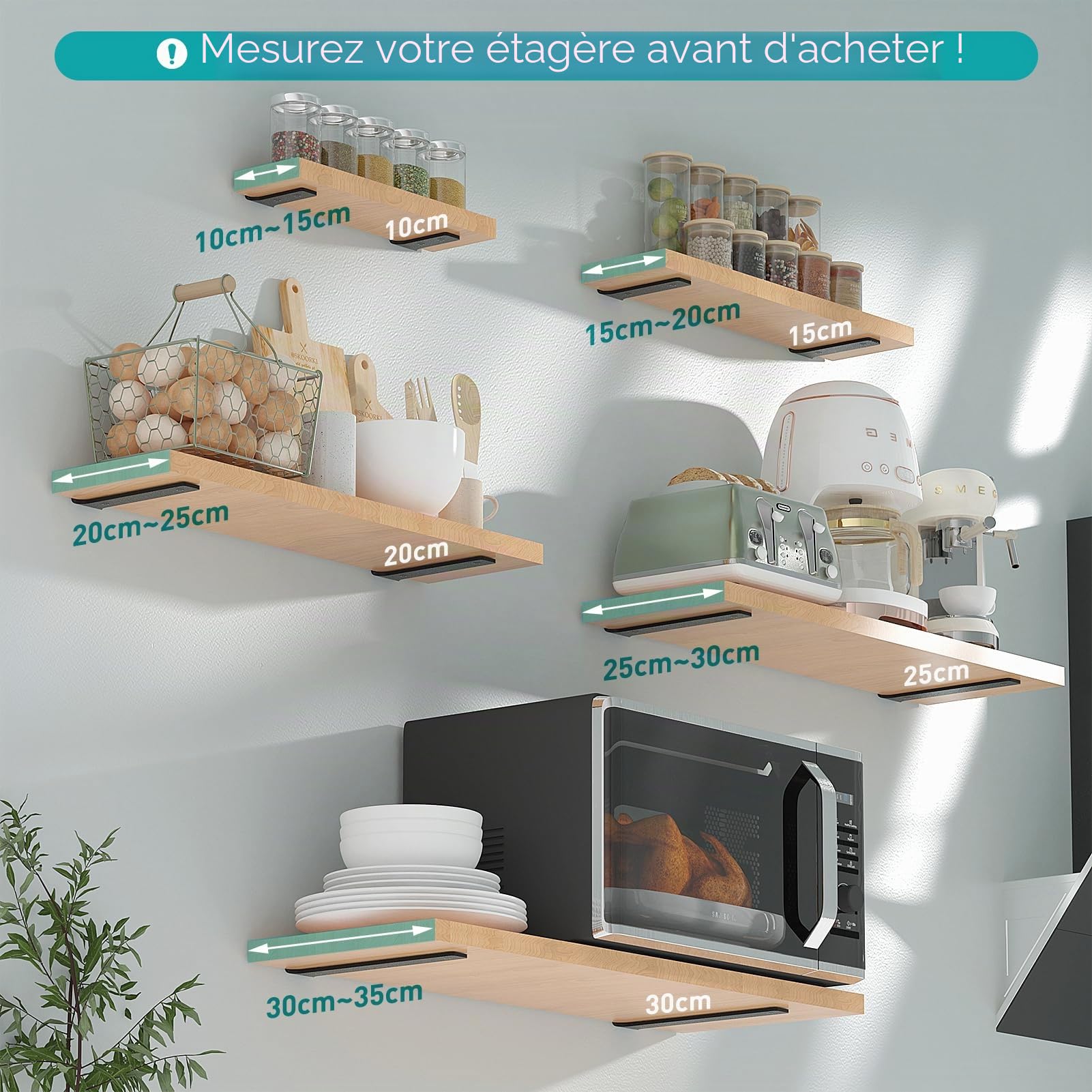 Yeabett Lot de 4 supports d'étagère en métal de 15 cm, avec vis, capacité de charge de 70 kg, noir