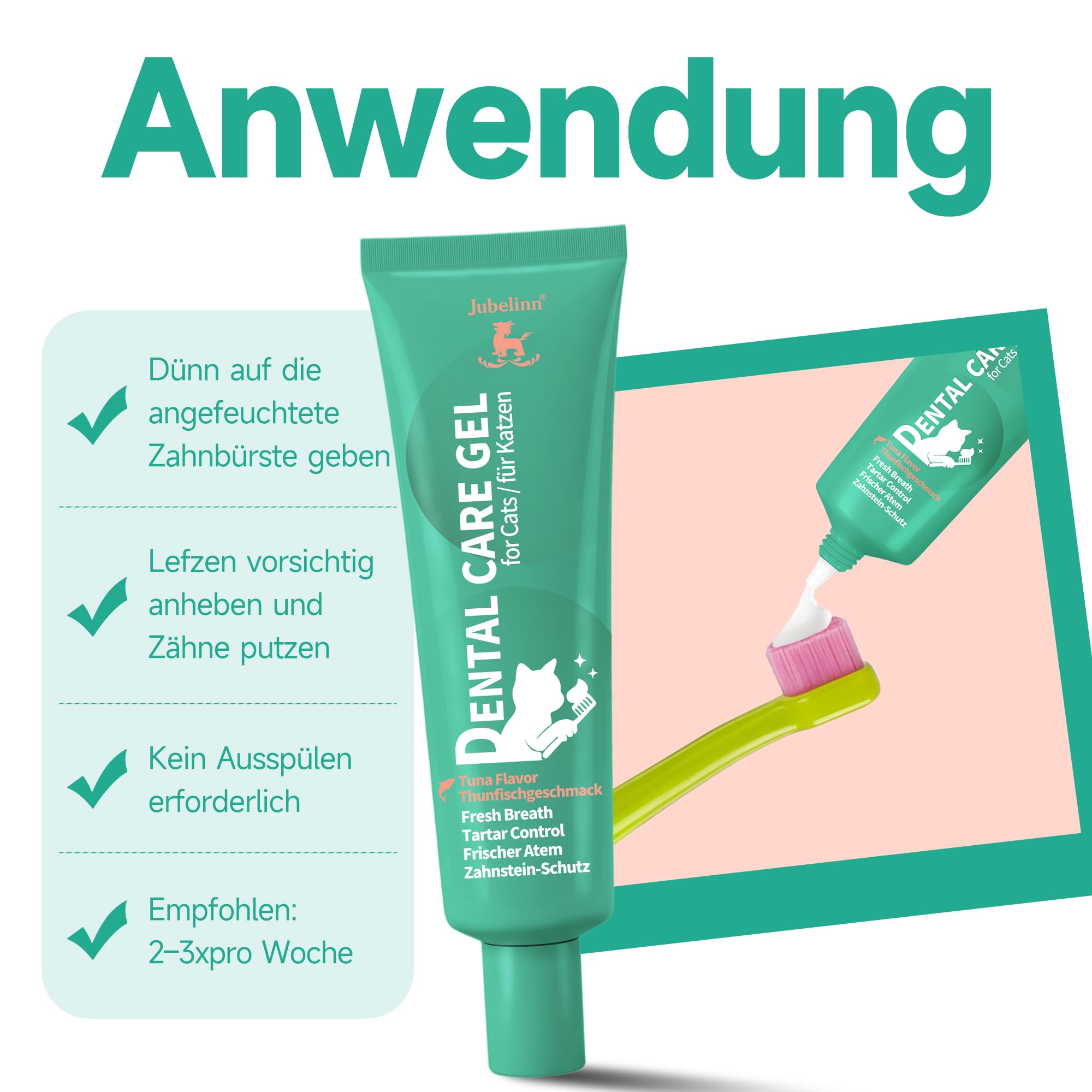 Zahnpflege Set für Katze - Zahnpasta mit Thunfischgeschmack - Frischen Atem - Beugt Zahnstein & Entzündungen vor - Katze Zahnbürste - Finger Zahnbürste - Dental Care Gel 60ml