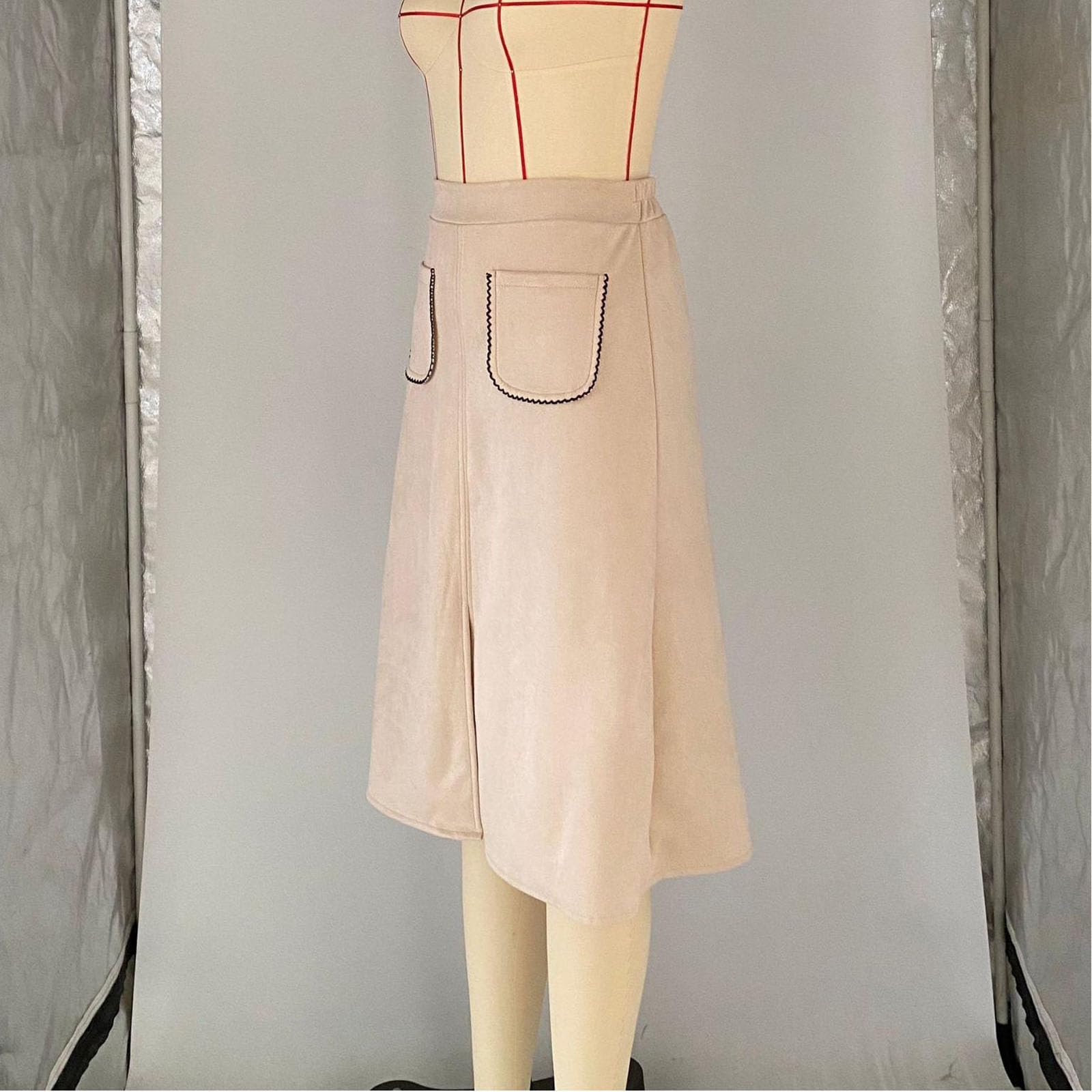Donna Faux Suede Gonna Lunga spaccata a Vita Alta Tasche Frontali Faux Suede A-Line Gonna Lunga con Spacco