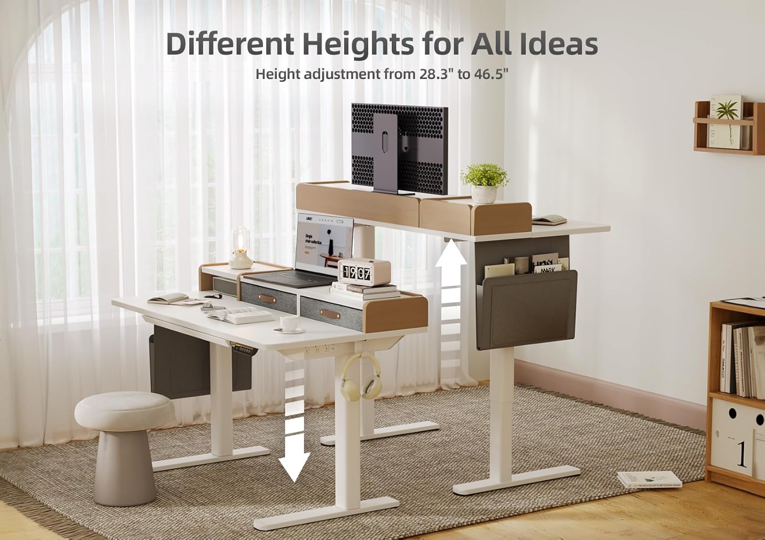 Claiks Standing Desk with Drawers & Power Outlet, 48" Height Adjustable Computer Desk with USB C Port, Sit Stand Home Office Desk with Monitor Stand, Storage Shelves & Side Bag, White