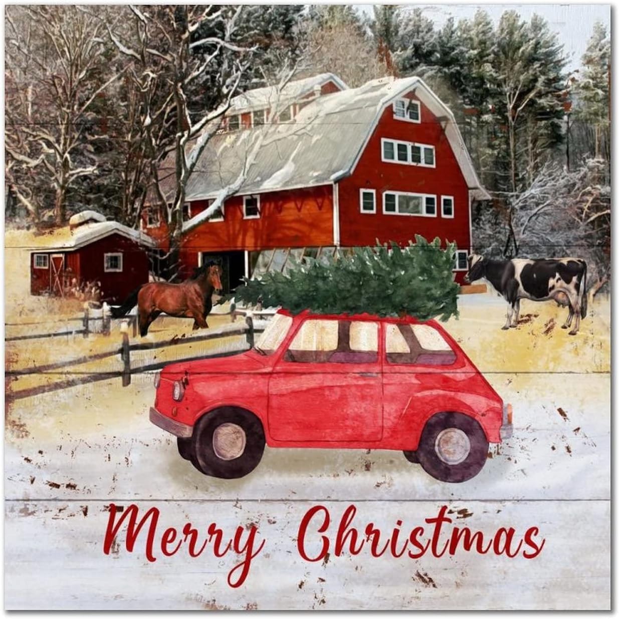 Merry Christmas Farm Barn Wooden Sign Farm Horse Cow Red Truck Wood Plank Hanging Sign Vintage Christmas Is Coming Wall Art Hanging Decoration For Laundry Room Bathroom Bedroom Home 16x16in