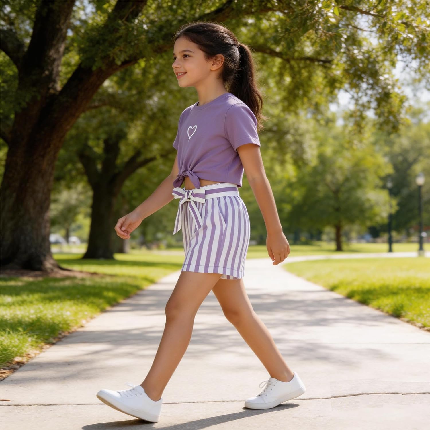 Girls Summer Outfits 2Pcs Kids Clothes,Girls Heart Print Tie Knot Front Tops T-Shirts and Casual Short Sets