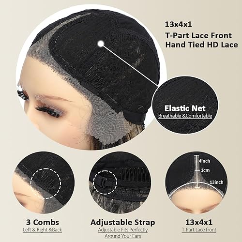 Miniatura 4 de X-TRESS Peluca rubia negra con reflejos, peluca frontal de encaje con encaje HD predepilado de 13 x 4 x 1, peluca sintética de 28 pulgadas de largo,