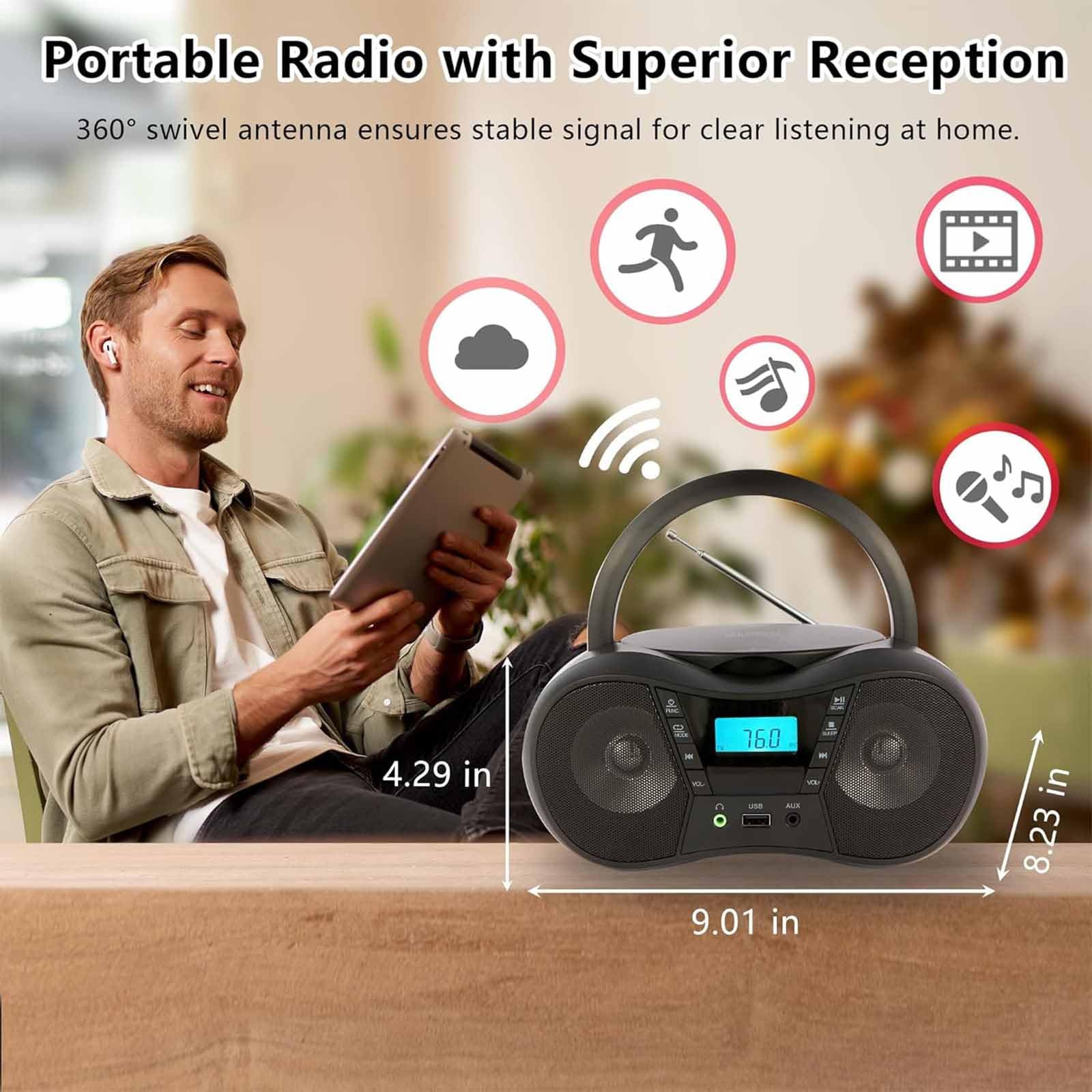 Boombox portatile con lettore CD con display LCD, cuffie, alimentazione a batteria, timer di spegnimento, AUX/USB/FM, connettività migliorata per un facile funzionamento