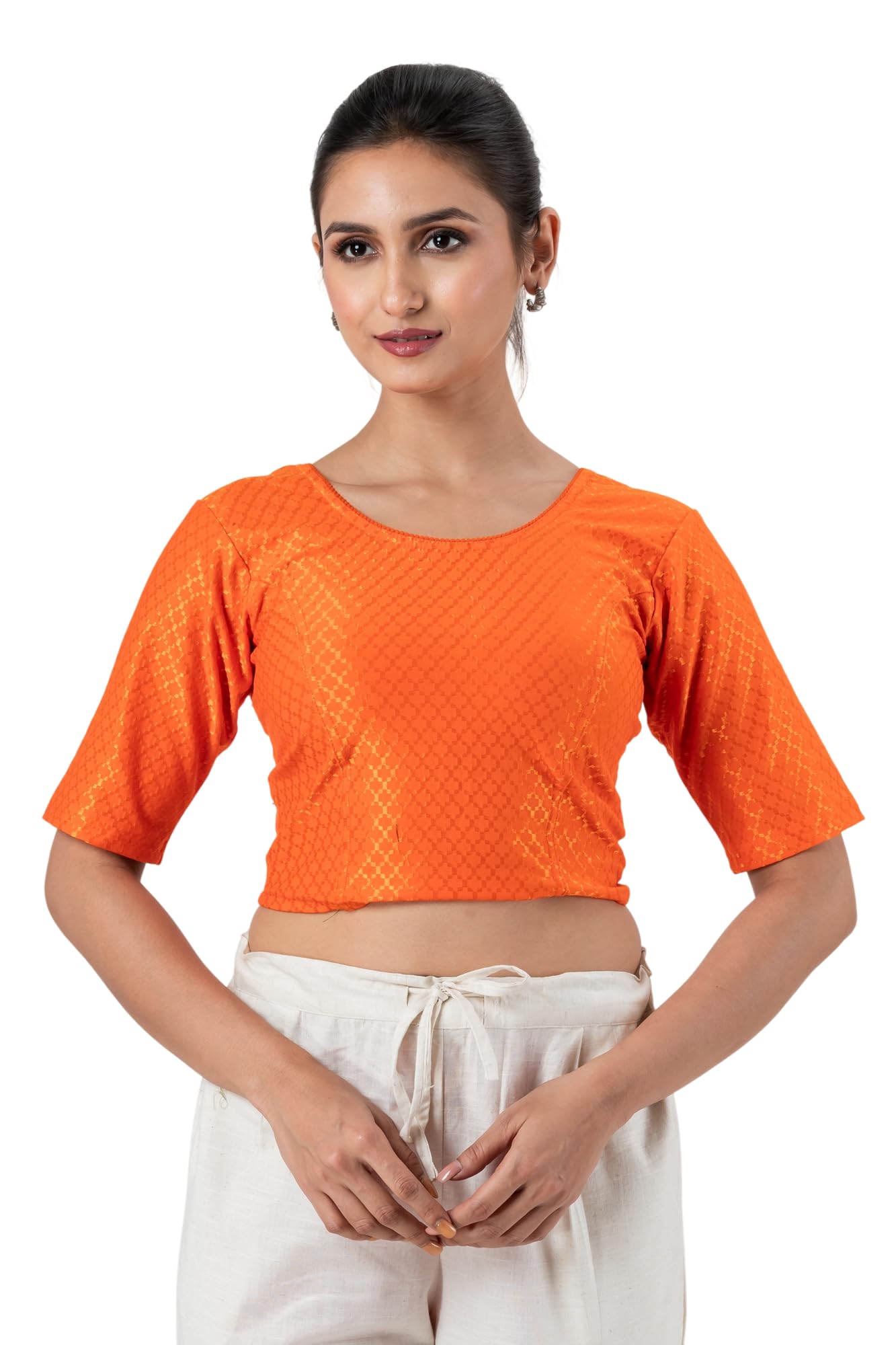 Fine Cotton Self Design Blouse for Women | Elbow Sleeve Saree Blouse | Soft Comfortable Stretchable Ethnic Readymade Blouse for Casual Wear-image-28