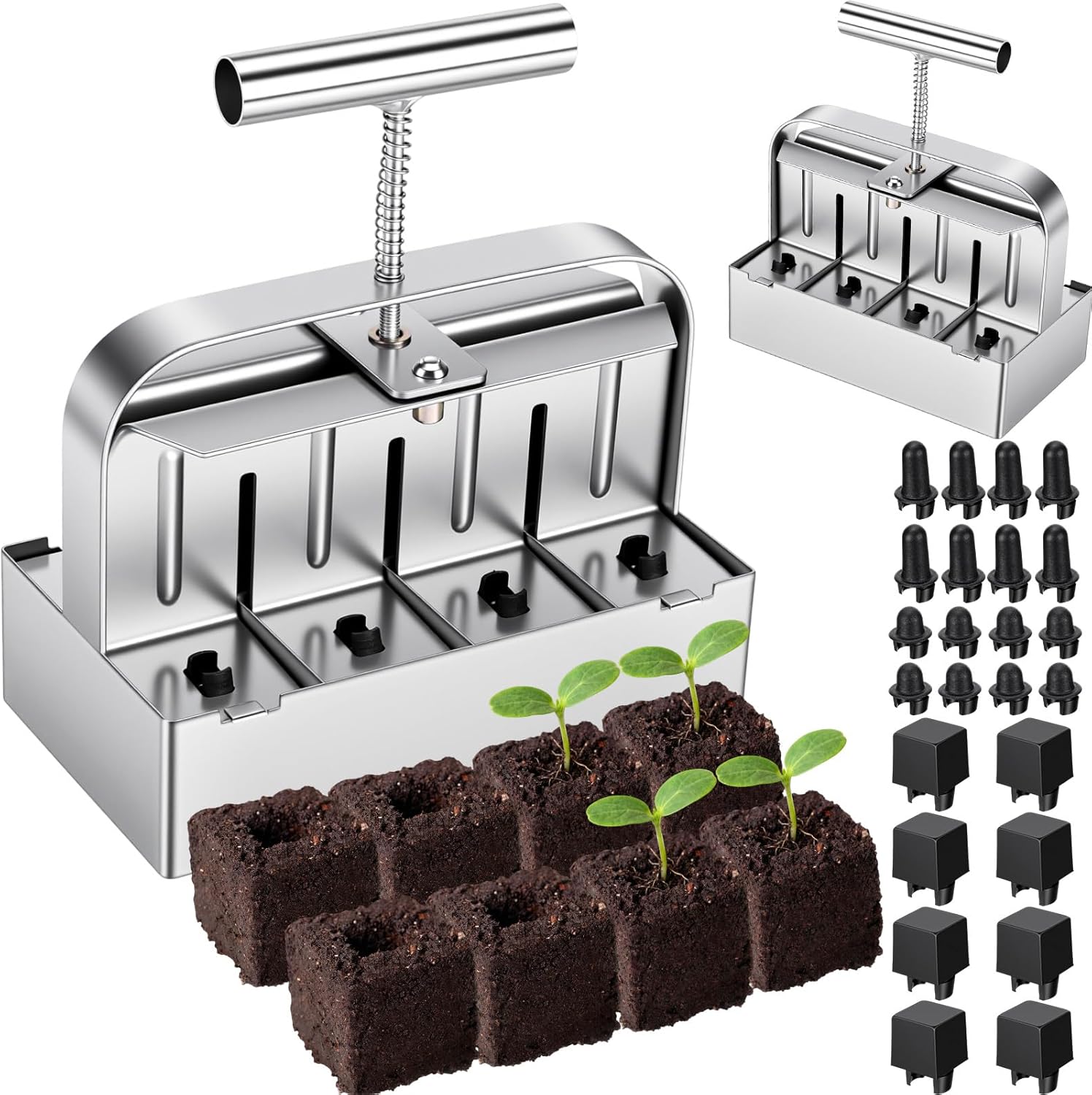 Chumia 2 Pcs Dual Row 8 Cell Soil Block Makers 2 Inch Soil Block Maker with 3 Sizes Seed Pins Garden Blocking Tools for Outdoor Plants Seedlings Cuttings Greenhouses