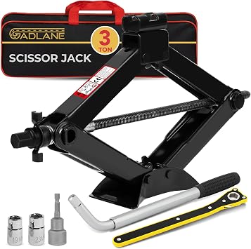 GADLANE Scissor Jack Kit - 3 Ton Portable Heavy Duty Car Jack Kit with Socket Drill Adapter, Extendable Wrench, Ratchet for Easy Lifting Cars/SUVS/Sedans, Storage Bag Lifting Range 3.9-15.3"