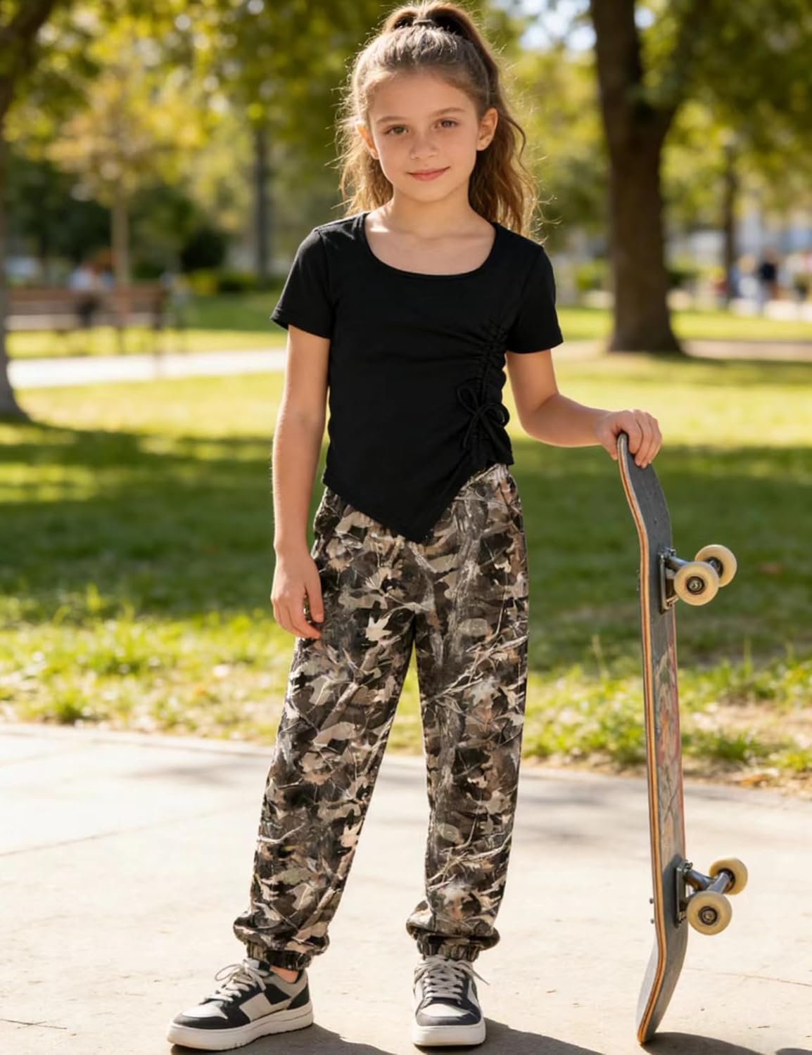 Girls Clothes Irregular Ruched Drawstring Short Sleeve Top and Girls Camouflage Pants 2Pcs Summer Girls Clothes - Image 4