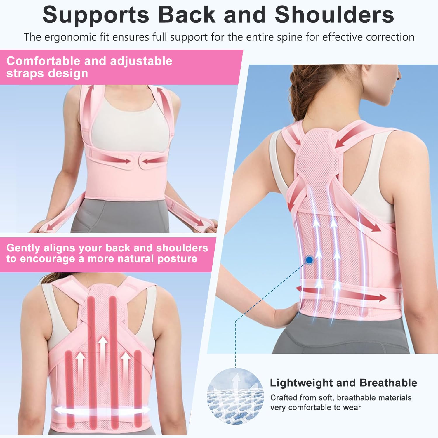 URBTFLM Back Posture Corrector for Women - Adjustable Straightener Back Brace Posture Corrector Under Clothes (Pink, Large)
