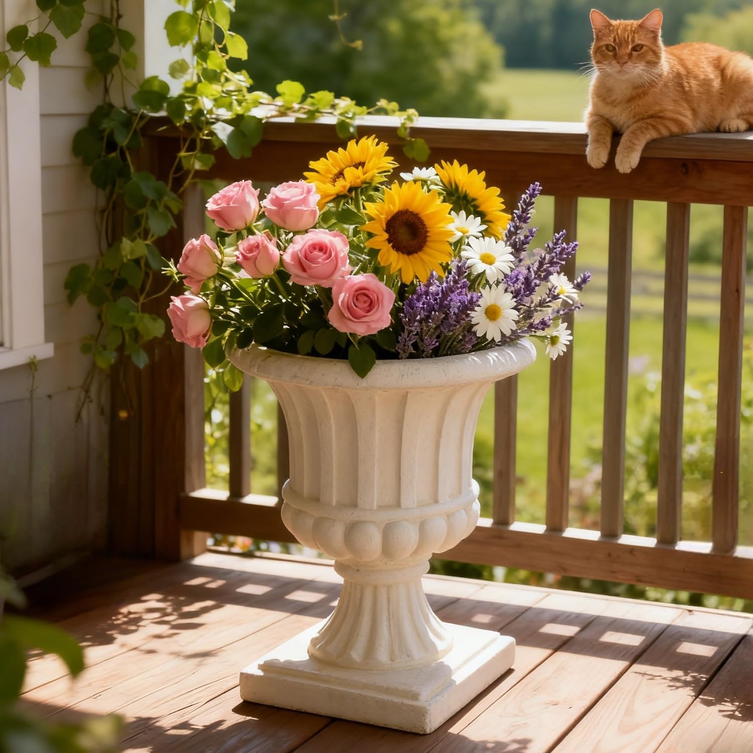 Roman Fluted Resin Urn Planter White Medium Urn Planter for Outdoor Plants Classic Decorative Garden Urn for Patio Porch & Wedding Centerpiece