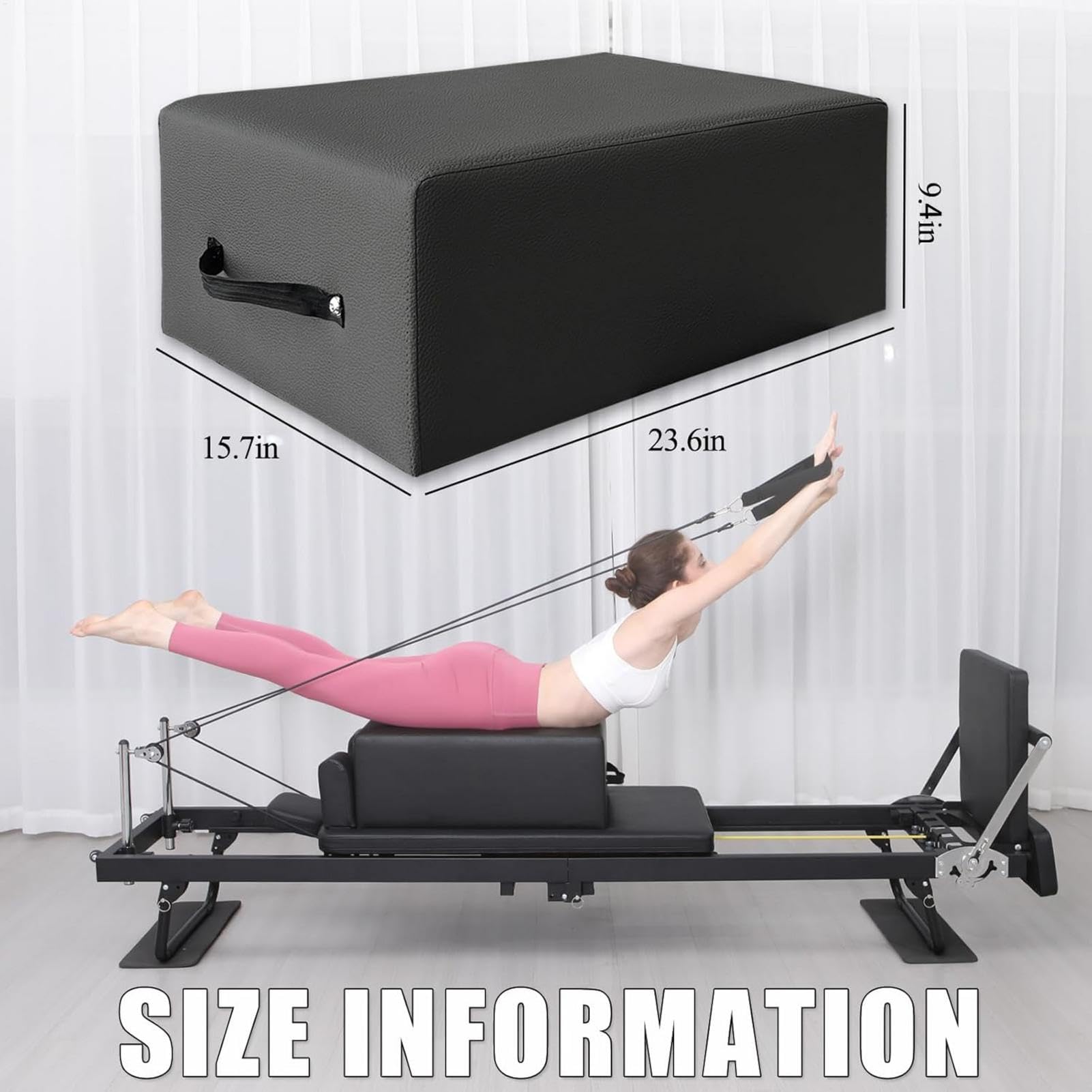 Pilates Box for Reformer-23.6 X 15.7 X 9.4 Inch Pilates Reformer Box, Premium PU and Wood Pilates Sitting Box with Portable Handle,Home Use Pilates Bed/Pliates Reformer Machine Accessories,Black