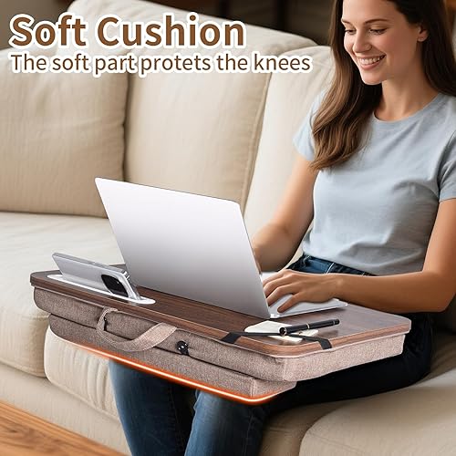 Miniatura 3 de Escritorio prémium para laptop con soporte para teléfono, acabado de grano de madera, escritorio portátil de regazo de 21 pulgadas, base acolchada