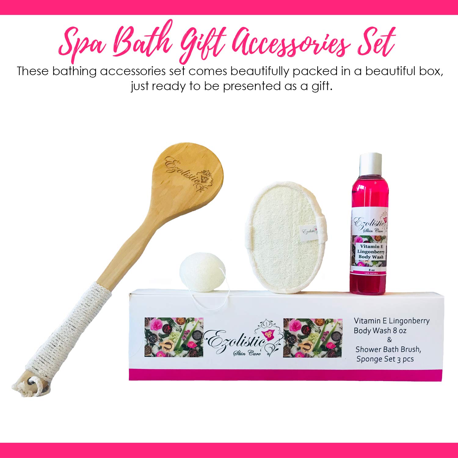 Lingonberry Shower Gel Bath Spa Gift Set All in one - Men & Women Exfoliating Long Handled Body Brush, Sponge Loofah & Body Wash Face scrub