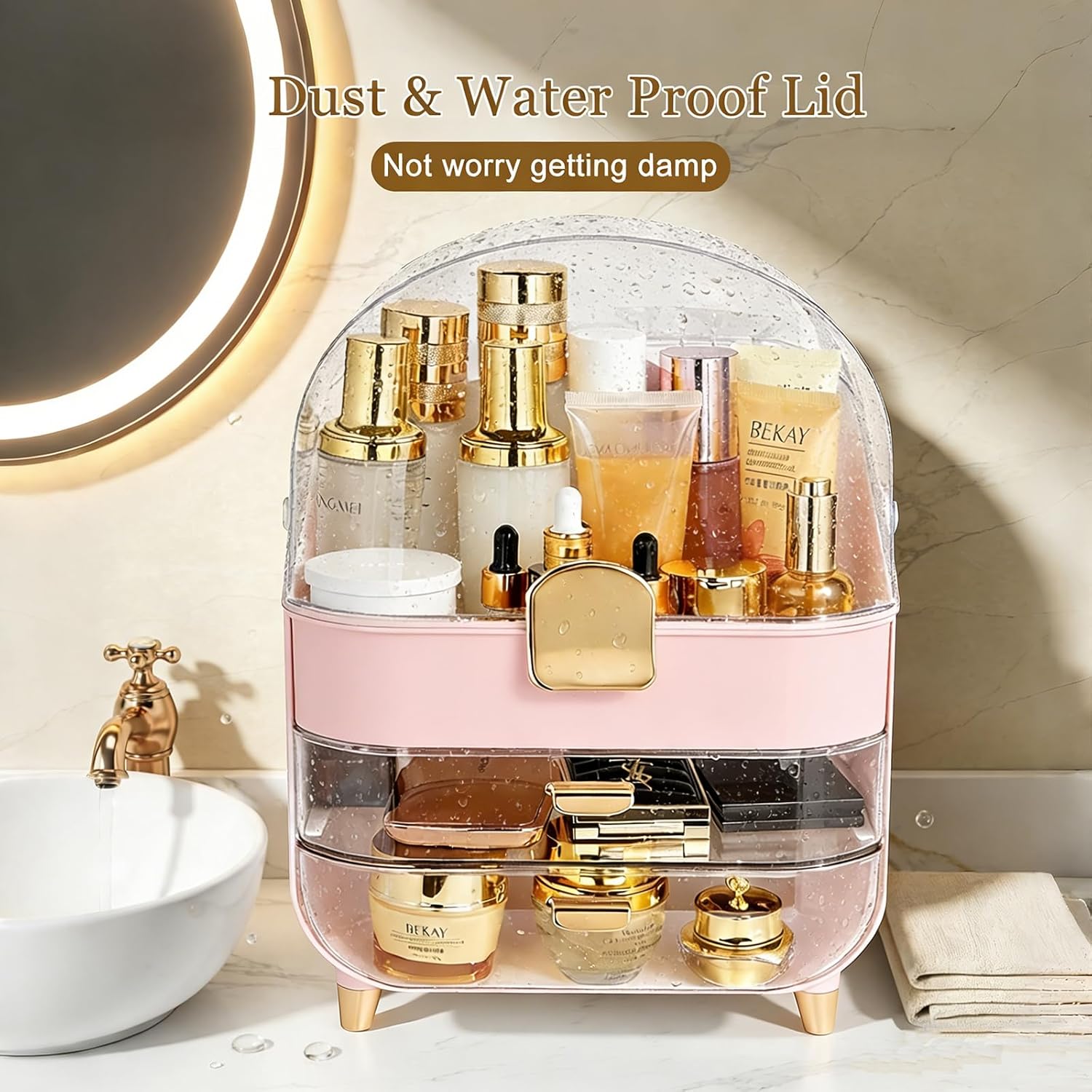 Makeup Organizer with Drawers,Cosmetic Display Case for Vanity,Skincare Organizer with 360 Rotating Brush Holder,Large Storage Box Dresser for Women Gifts, Bathroom Countertop,pink