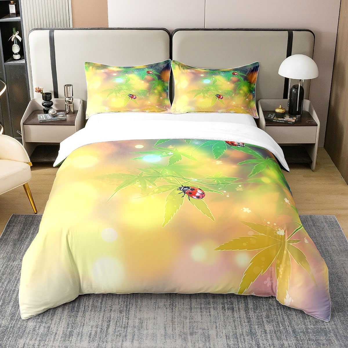 100% Cotton Spring Ladybug Duvet Cover Full Size,Green Maple Leaves Botanical Plants Comforter Cover (Not Comforter),Rustic Jungle Theme Watercolor Tie Dye Super Soft Bedding Bedroom Decor