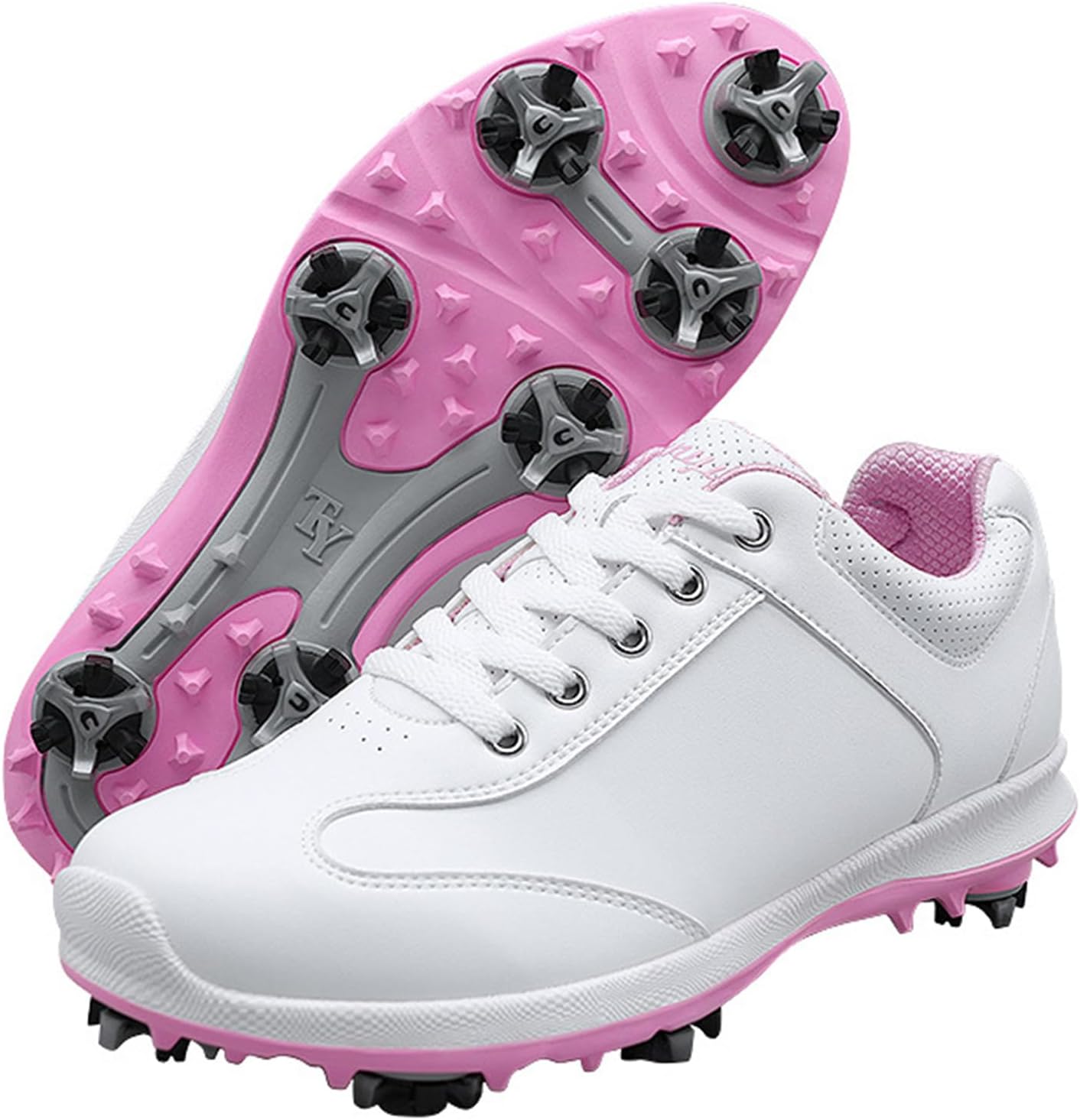 JiuQing Women's Waterproof Golf Shoes Spikes Professional Leather Golfing Trainers Anti Slip