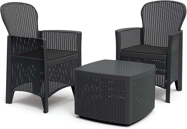 idooka Bistro Sets for 2 for Garden with Storage Coffee Table Black & 2x Chair Cushions- Conservatory, Balcony, Poly Rattan Garden Furniture Sets - Bistro Table and Chairs - Outdoor Patio Furniture