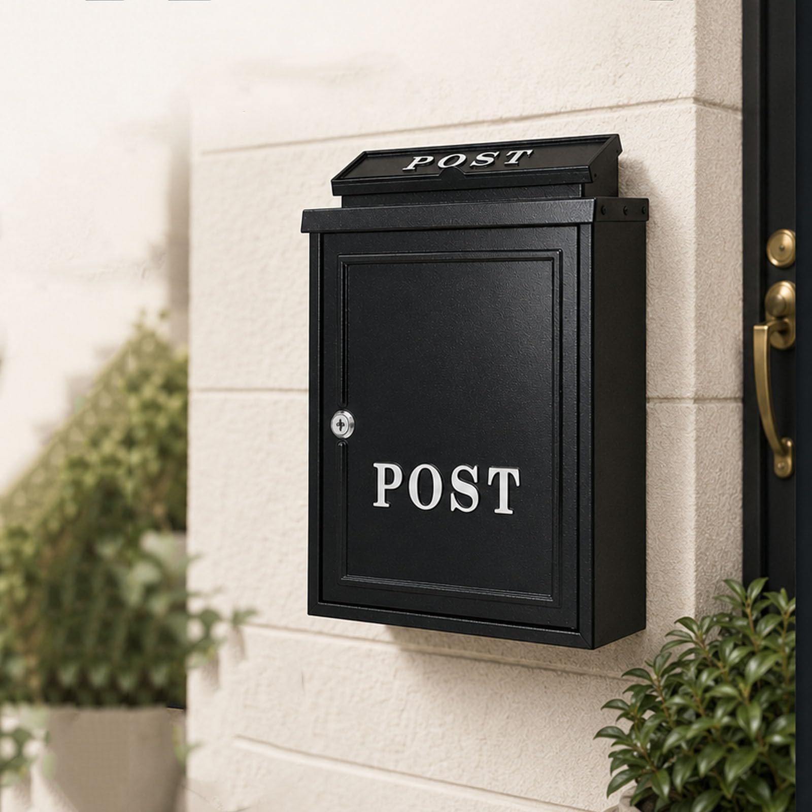 QINPI Wall Mounted Post Box, Outdoor Lockable Metal Mailbox with Top Posting Slot, Weather Resistant Black Letter Box for Letters & Small Magazines, Wall Mount Postbox for Porch, Gate & Garden Wall